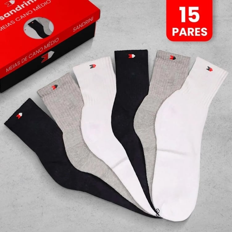 Kit 15 Pares Meias Sport Algodão Cano Alto Sandrini Conforto Kit 15 Pares Meias Sport Algodão Cano Alto Sandrini Conforto