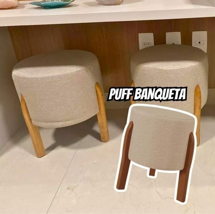 Puff Banqueta Decorativo Viena Linho Pés Madeira Bege Puff Banqueta Decorativo Viena Linho Pés Madeira Bege