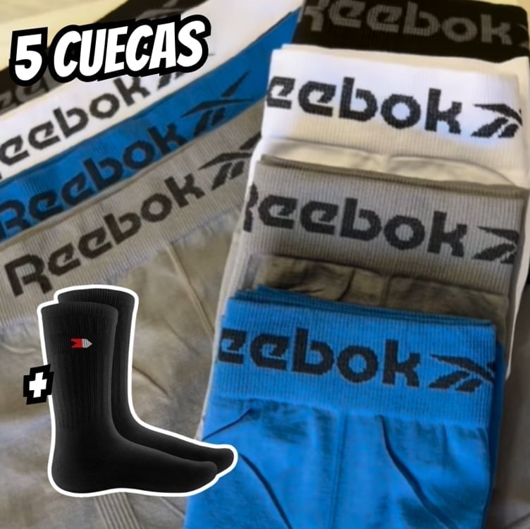 Kit 5 Cuecas Reebok Boxer Sem Costura Box+ 2 Meias Sandrini Kit 5 Cuecas Reebok Boxer Sem Costura Box+ 2 Meias Sandrini