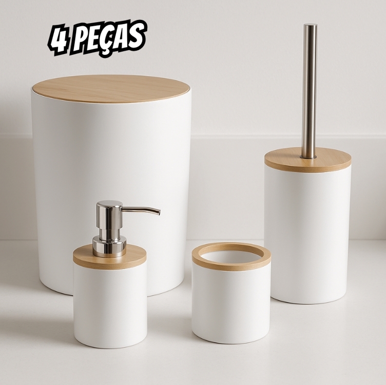 Kit Banheiro Lixeira Porta Escova 4 Peças Tampa Bambu Branco Kit Banheiro Lixeira Porta Escova 4 Peças Tampa Bambu Branco