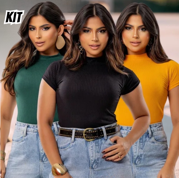 Kit 3 Blusa Blusinha Canelada Gola Alta Com Manga Curta Kit 3 Blusa Blusinha Canelada Gola Alta Com Manga Curta