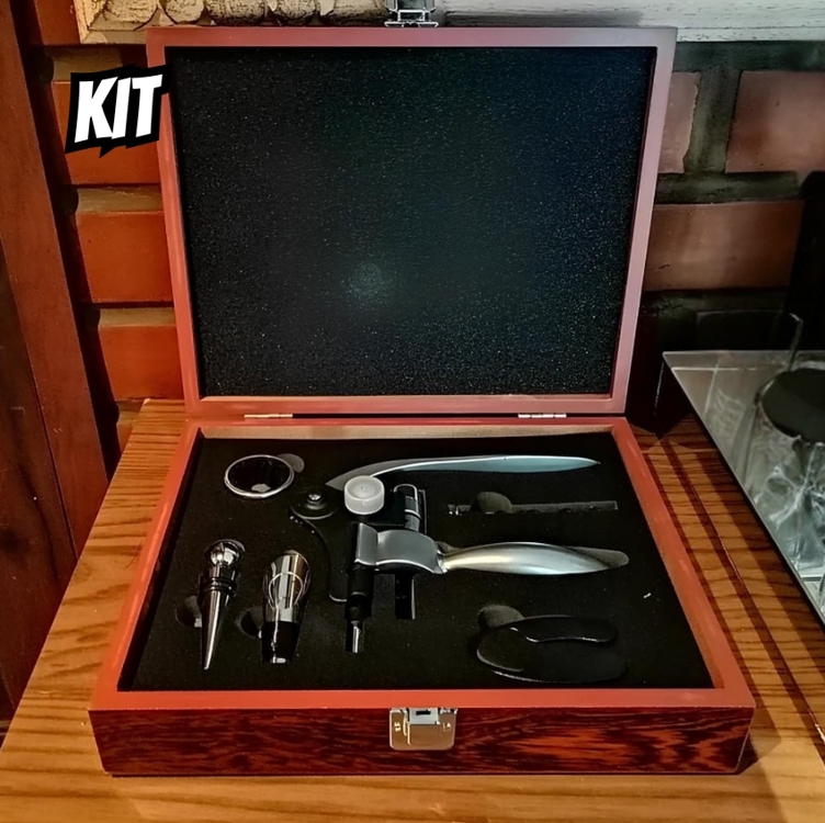 Kit Vinho Abridor Saca Rolhas Dosador Maleta Madeira 7pçs Kit Vinho Abridor Saca Rolhas Dosador Maleta Madeira 7pçs