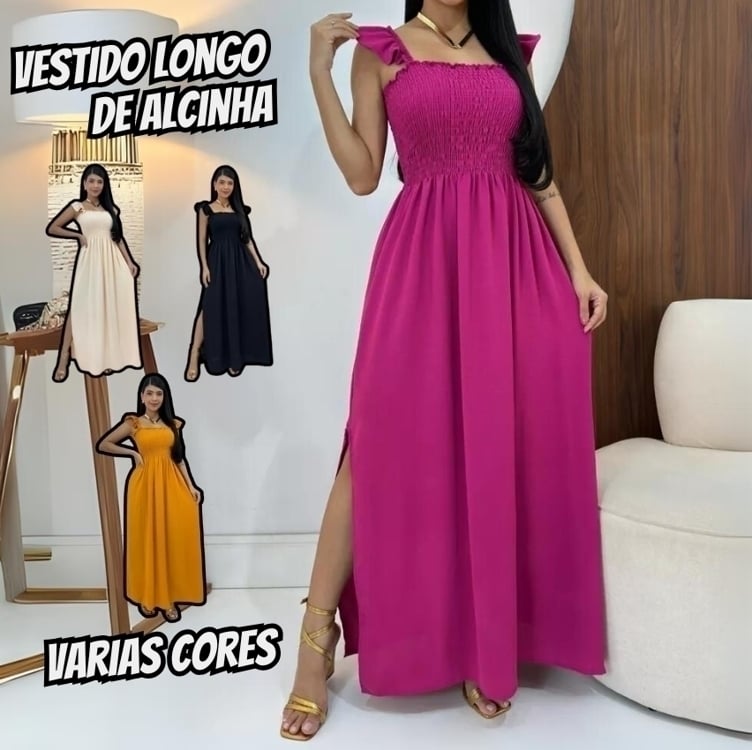 Vestido Longo Feminino Casual Lastex Alcinha Fenda Barato Vestido Longo Feminino Casual Lastex Alcinha Fenda Barato