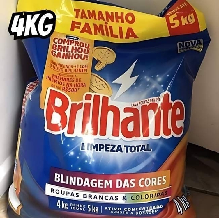 Brilhante Lava-Roupas em Pó Roupas Brancas e Coloridas Limpeza Total Pacote Tamanho Família 4 kg (Pacote de 1) Brilhante Lava-Roupas em Pó Roupas Brancas e Coloridas Limpeza Total Pacote Tamanho Família 4 kg (Pacote de 1)