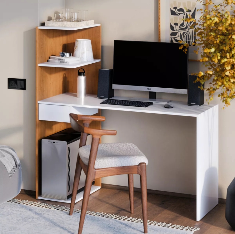 Mesa Escrivaninha Home Infinity Para Computador E Notebook Com Prateleiras E Gaveta Multiuso Cor Branco Canela Mesa Escrivaninha Home Infinity Para Computador E Notebook Com Prateleiras E Gaveta Multiuso Cor Branco Canela