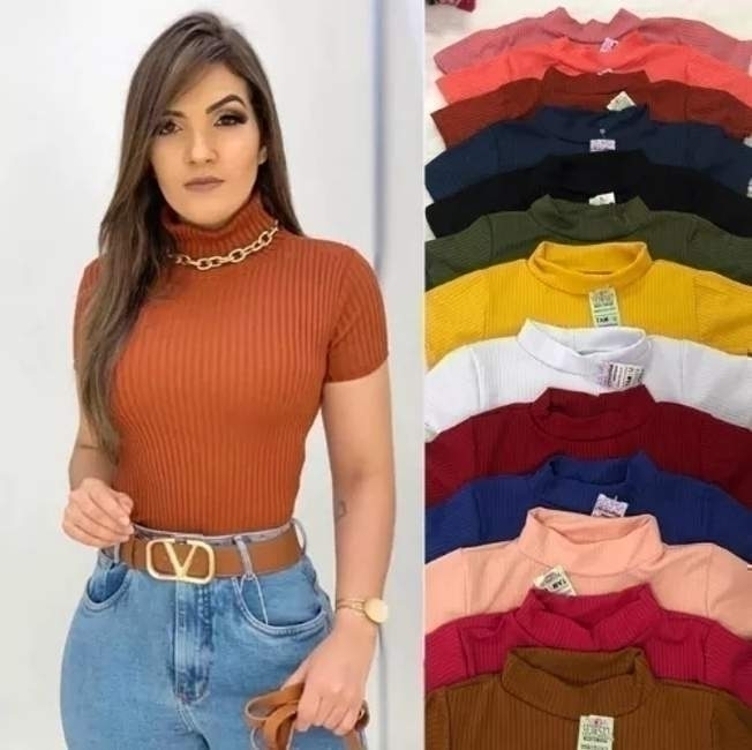 Kit 3 Blusa Blusinha Canelada Gola Alta Com Manga Curta Kit 3 Blusa Blusinha Canelada Gola Alta Com Manga Curta