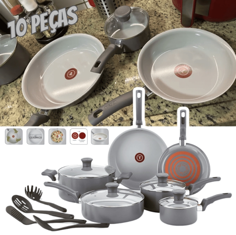 Jogo de Panelas Tefal Recycled Ceramic Cinza 10 Peças Jogo de Panelas Tefal Recycled Ceramic Cinza 10 Peças