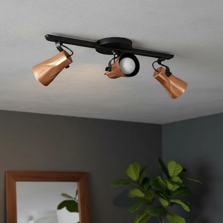 Luminária de Teto Spot Trilho Direcionável Octa, Cobre | Sobrepor, 3 Lâmpadas, E27, Bivolt, Quarto sala Cozinha