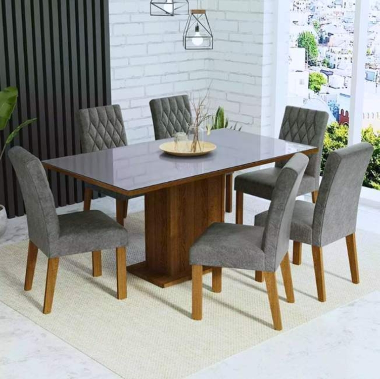 Sala Jantar Estofada Mesa Tampo Vidro 6 Cadeiras Geórgia Madesa Rcs Cor Rustic/Cinza/Silver Desenho do tecido das cadeiras Liso MDJA060134F9SIL Sala Jantar Estofada Mesa Tampo Vidro 6 Cadeiras Geórgia Madesa Rcs Cor Rustic/Cinza/Silver Desenho do tecido das cadeiras Liso MDJA060134F9SIL