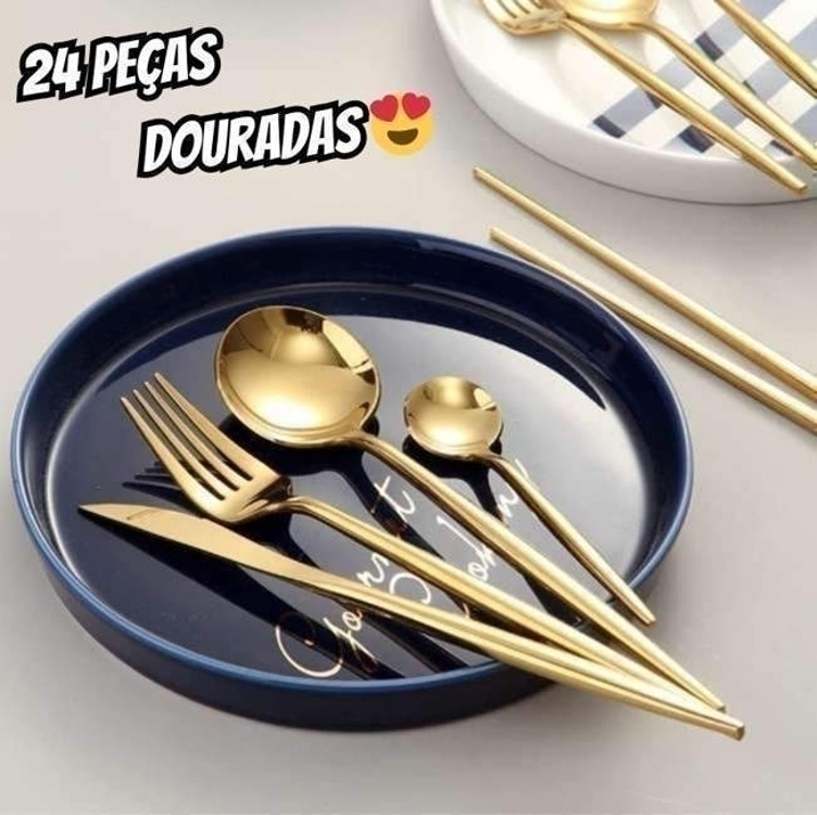 Conjunto de Talheres Dourado 24 Peças, Jogo de Talheres Aço Inoxidável Incluindo Colheres, Garfos e Facas Conjunto de Talheres Dourado 24 Peças, Jogo de Talheres Aço Inoxidável Incluindo Colheres, Garfos e Facas