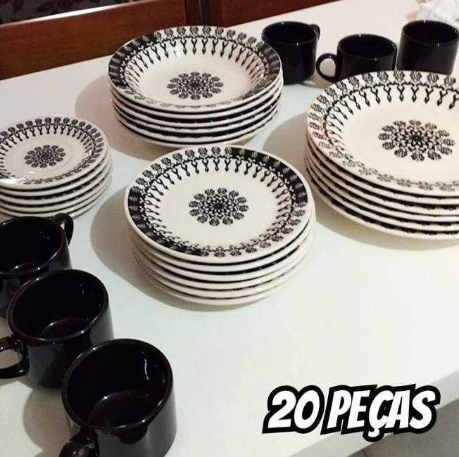 Aparelho de Jantar e Chá Biona Donna Folk Marfim/Preto 20 Peças Aparelho de Jantar e Chá Biona Donna Folk Marfim/Preto 20 Peças