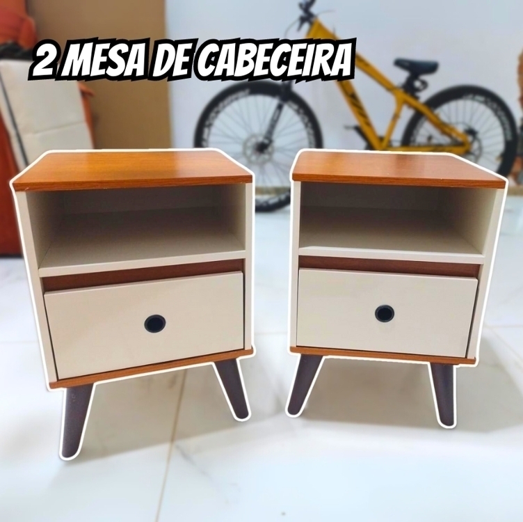 Conjunto kit 2 mesa de cabeceira retro pés palito -Ted- (Off White/Nature) Conjunto kit 2 mesa de cabeceira retro pés palito -Ted- (Off White/Nature)