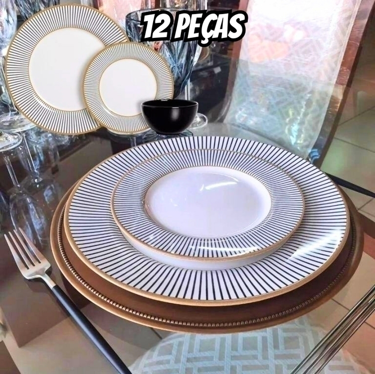 Aparelho de Jantar 12 Peças Alleanza Cerâmica Branco e Preto Redondo Ritz Aparelho de Jantar 12 Peças Alleanza Cerâmica Branco e Preto Redondo Ritz