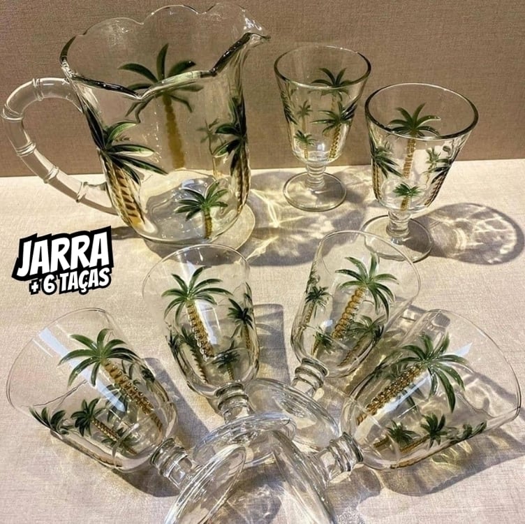 1 Jarra E 6 Taças Palm Hand Painting De Cristal 1,3L - Lyor 1 Jarra E 6 Taças Palm Hand Painting De Cristal 1,3L - Lyor