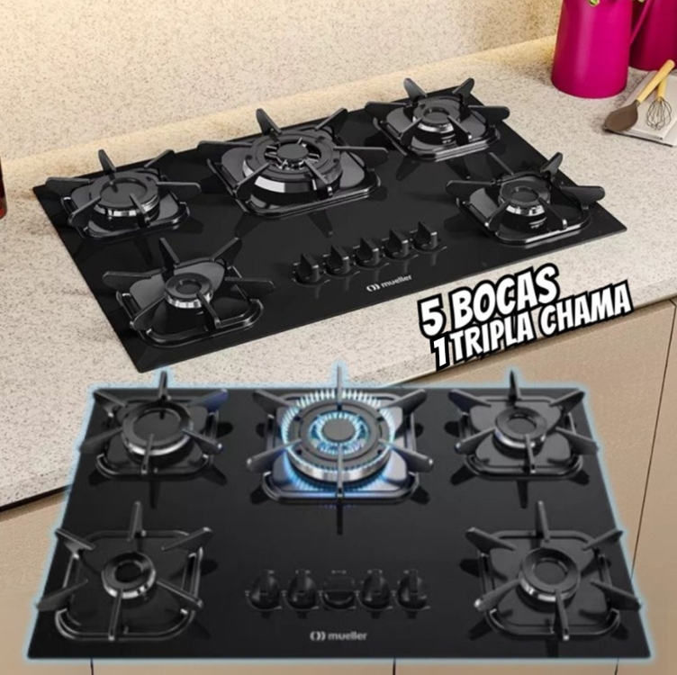 Cooktop Mueller Anafe 5 bocas Preto com Queimador Tripla chama Bivolt 127/220V Cooktop Mueller Anafe 5 bocas Preto com Queimador Tripla chama Bivolt 127/220V