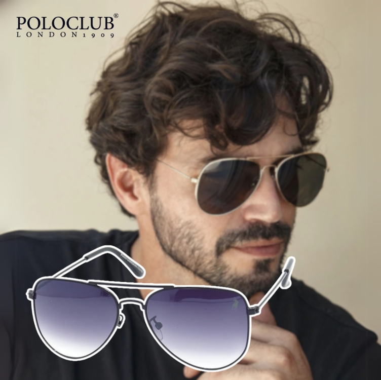 Óculos de Sol Aviador Clássico Unissex Polo London Club, Armação em Metal Stainless Stell Óculos de Sol Aviador Clássico Unissex Polo London Club, Armação em Metal Stainless Stell