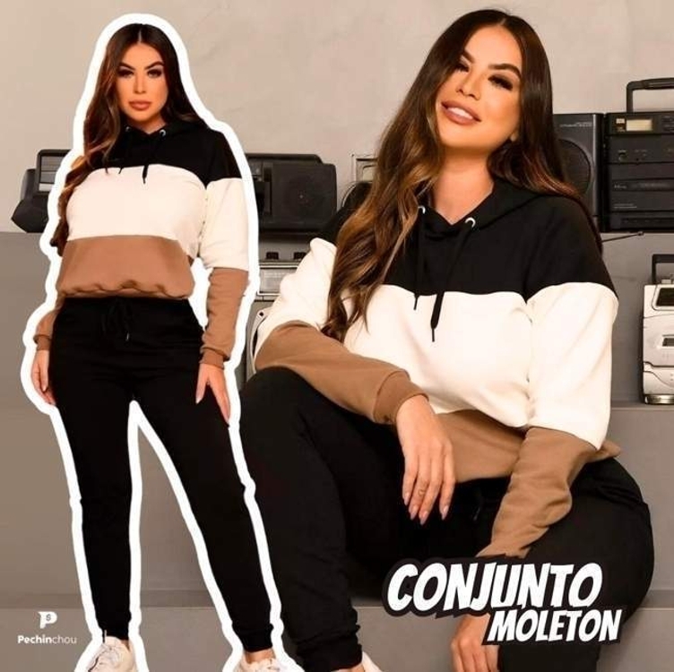 Conjunto Moletom Feminino Flanelado Branco - Cinza- Preto Conjunto Moletom Feminino Flanelado Branco - Cinza- Preto