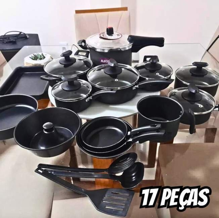 Conjunto Panelas 17 Pc Antiaderente Panela Pressão 4,5l Cor Preto E Bege Conjunto Panelas 17 Pc Antiaderente Panela Pressão 4,5l Cor Preto E Bege
