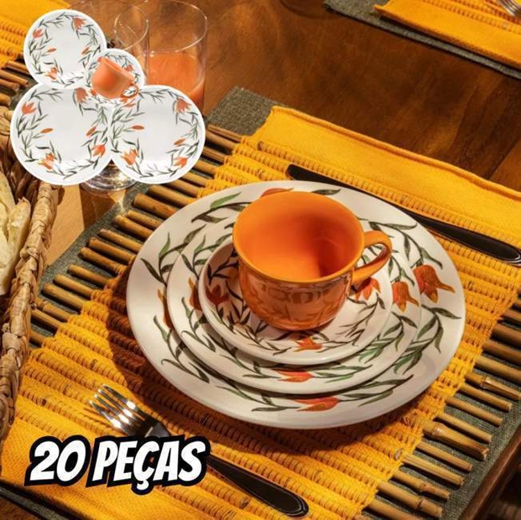 Aparelho De Jantar E Chá Donna Lírios 20 Peças Cor Laranja Florido Biona Aparelho De Jantar E Chá Donna Lírios 20 Peças Cor Laranja Florido Biona