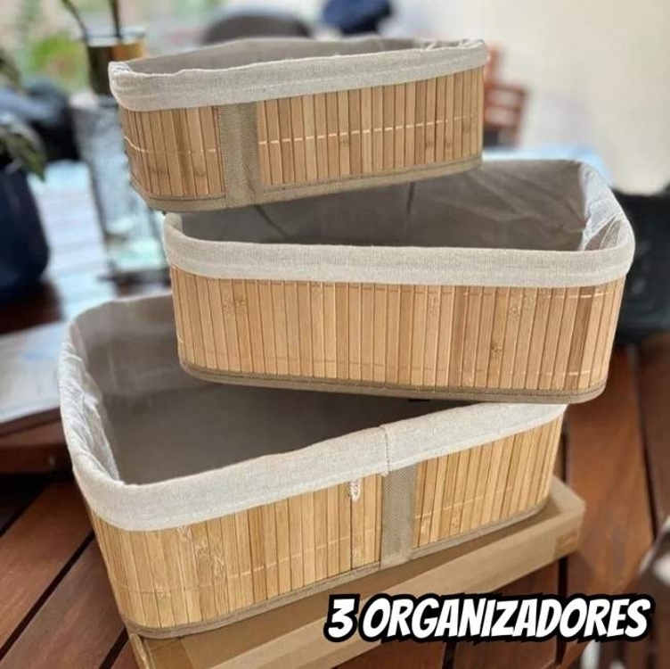 Kit 3 Cestos Organizadores De Bambu Multiuso Com Forro Kit 3 Cestos Organizadores De Bambu Multiuso Com Forro