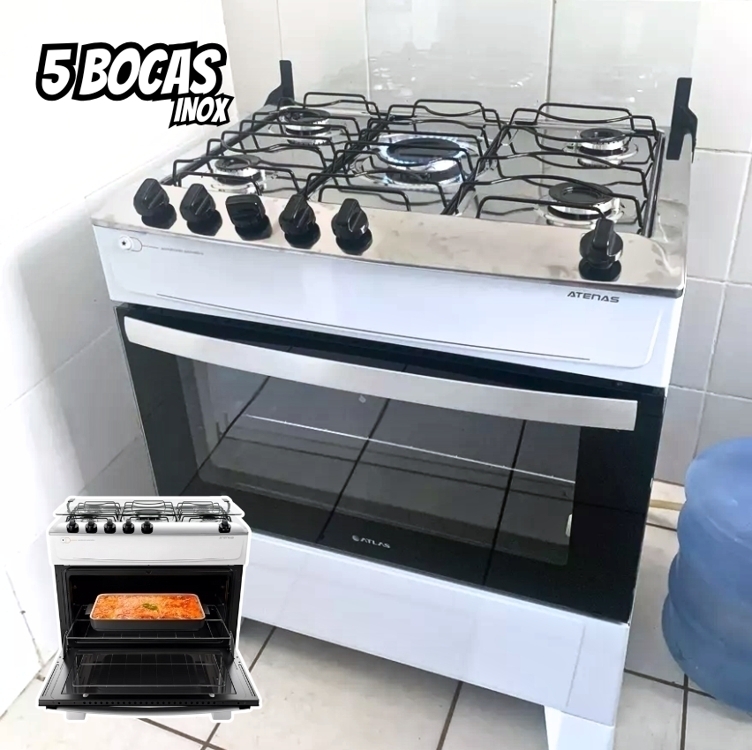Fogão 5 Bocas Branco com Mesa Inox Atlas Atenas Bivolt Fogão 5 Bocas Branco com Mesa Inox Atlas Atenas Bivolt