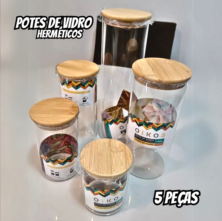 Potes De Vidro Mantimentos Com Tampa Bambu Oikos - 5 Pçs Potes De Vidro Mantimentos Com Tampa Bambu Oikos - 5 Pçs
