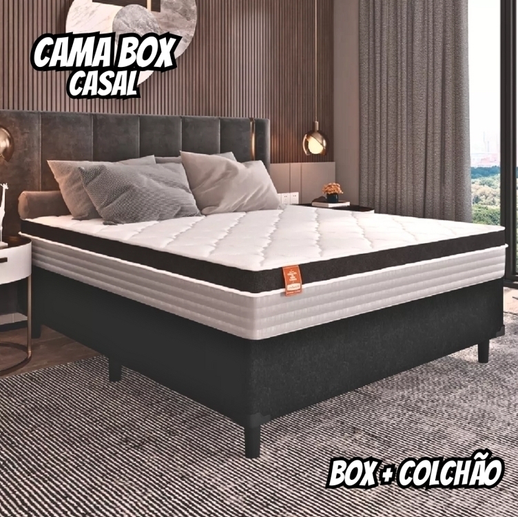 Cama Box Casal Colchão Molas Ensacadas Real 138x188x65cm Preto e Cinza Inducol Cama Box Casal Colchão Molas Ensacadas Real 138x188x65cm Preto e Cinza Inducol
