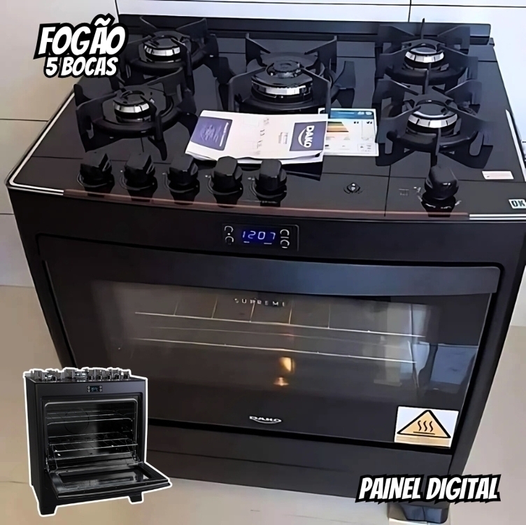 Fogão 5 Bocas Dako Supreme Black Glass Timer Digital Bivolt Fogão 5 Bocas Dako Supreme Black Glass Timer Digital Bivolt
