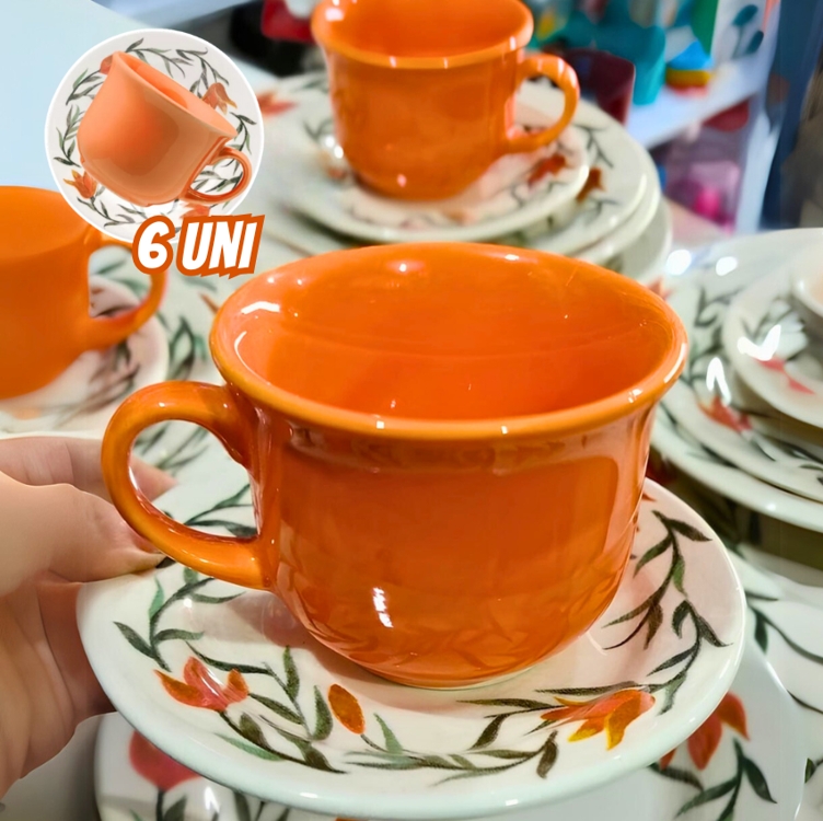 Conjunto De 6 Xícaras De Chá Com Pires Donna Lírios Biona Cor Verde, Laranja e Off White Floral Conjunto De 6 Xícaras De Chá Com Pires Donna Lírios Biona Cor Verde, Laranja e Off White Floral