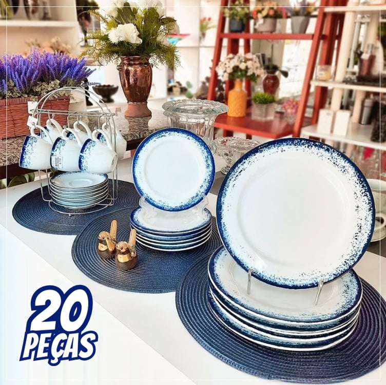 Serviço de Jantar e Chá 20 Peças em Porcelana, Decoração Névoa Azul, Porcelana Schmidt Serviço de Jantar e Chá 20 Peças em Porcelana, Decoração Névoa Azul, Porcelana Schmidt