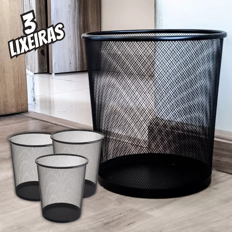 Kit 3 Lixeira Metal Aramado Cesto Lixo Escritório 8l Preto Kit 3 Lixeira Metal Aramado Cesto Lixo Escritório 8l Preto
