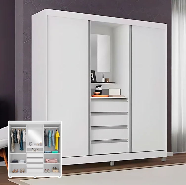 Guarda-Roupa Bartira Fortaleza II com Espelho, 2 Portas de Correr, 4 Gavetas - 184,5 cm de Largura - Branco Guarda-Roupa Bartira Fortaleza II com Espelho, 2 Portas de Correr, 4 Gavetas - 184,5 cm de Largura - Branco