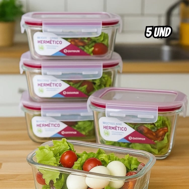 Conjunto 5 Pote Vidro Hermética Quentinha Marmita 640ml Conjunto 5 Pote Vidro Hermética Quentinha Marmita 640ml
