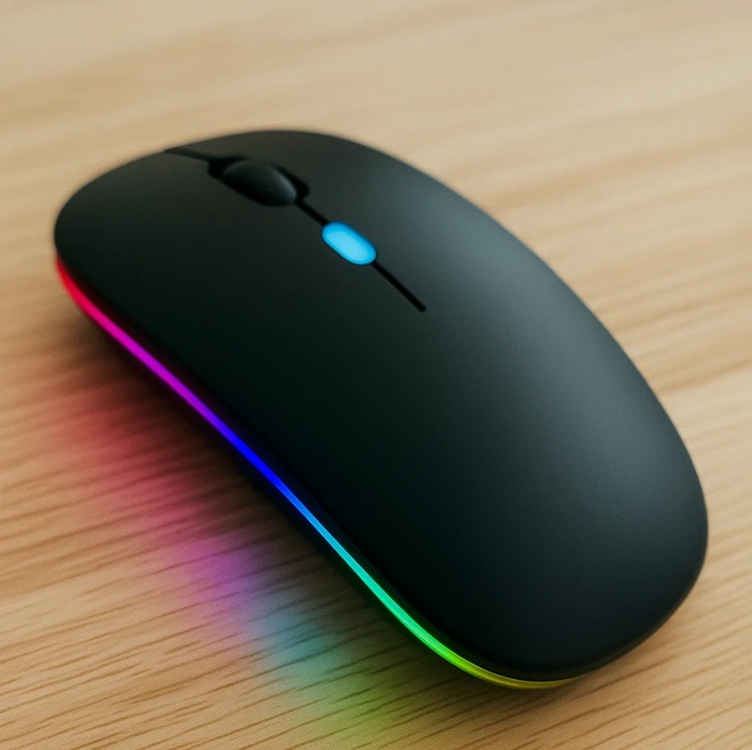 Mouse Sem Fio Bluetooth USB Recarregável com Iluminação RGB, Sensor Ajustável e Design Ergonômico - Preto Mouse Sem Fio Bluetooth USB Recarregável com Iluminação RGB, Sensor Ajustável e Design Ergonômico - Preto