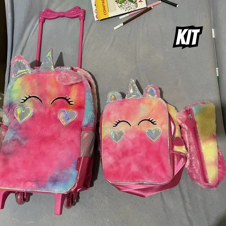Mochila do rodinha infantil menina Spector Unicórnio de pelúcia cor rosa Mochila do rodinha infantil menina Spector Unicórnio de pelúcia cor rosa