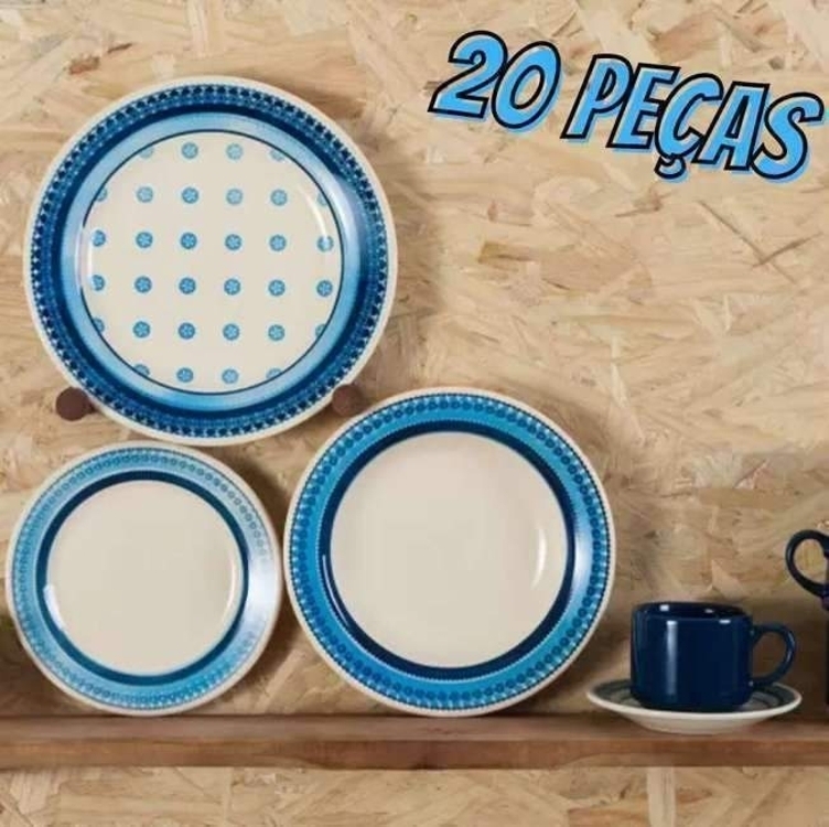 Aparelho de Jantar e Chá 20 Peças Biona de Cerâmica - Redondo Branco e Azul Donna Aparelho de Jantar e Chá 20 Peças Biona de Cerâmica - Redondo Branco e Azul Donna