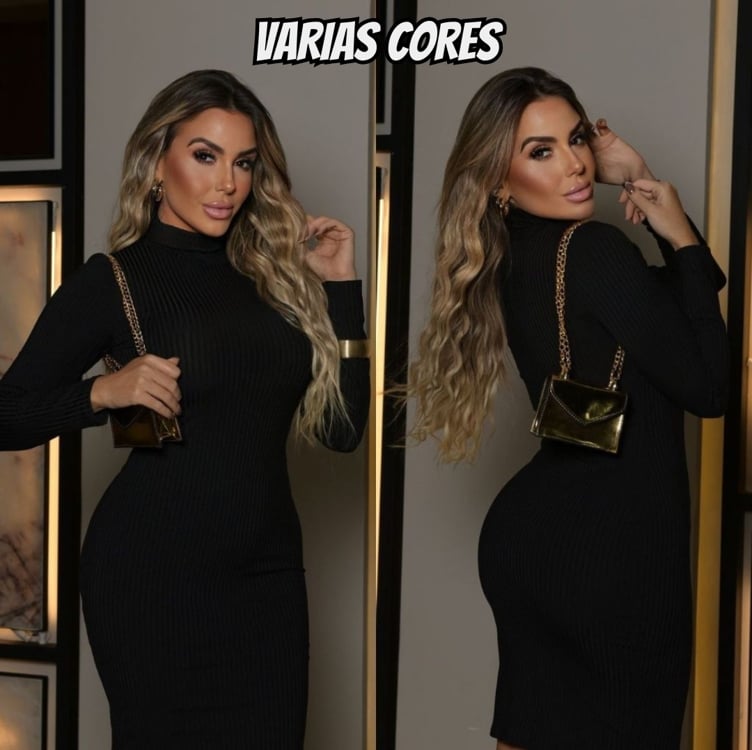 Vestido Midi Feminino Canelado Elegante Colado Gola Alta Amy Vestido Midi Feminino Canelado Elegante Colado Gola Alta Amy