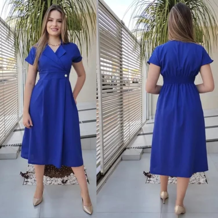 Vestido Midi Transpassado Evangélico Rodado Manga Elegante Vestido Midi Transpassado Evangélico Rodado Manga Elegante