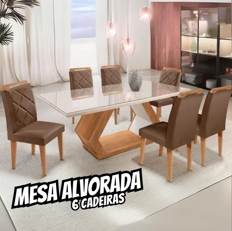 Mesa Alvorada 180 Tp Mdf Vidro canto Reto 6 Cadeiras Rufato Mesa Alvorada 180 Tp Mdf Vidro canto Reto 6 Cadeiras Rufato