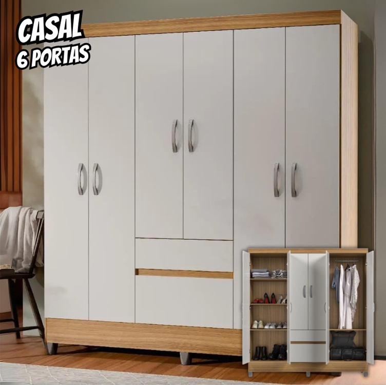 Guarda Roupa De Casal Ideal Plus 6 Portas Para Quarto Grande Com Cabideiro E Prateleiras - Vila Rica Guarda Roupa De Casal Ideal Plus 6 Portas Para Quarto Grande Com Cabideiro E Prateleiras - Vila Rica
