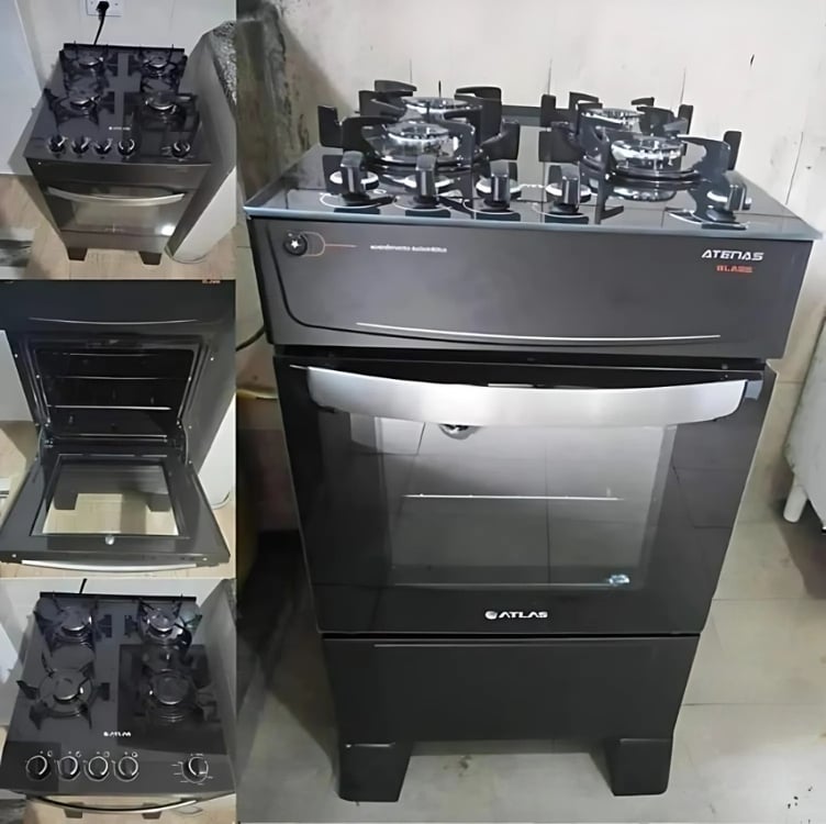 Fogão Atlas 4 Bocas preto Atenas Glass com Acendimento automático - Bivolt Fogão Atlas 4 Bocas preto Atenas Glass com Acendimento automático - Bivolt