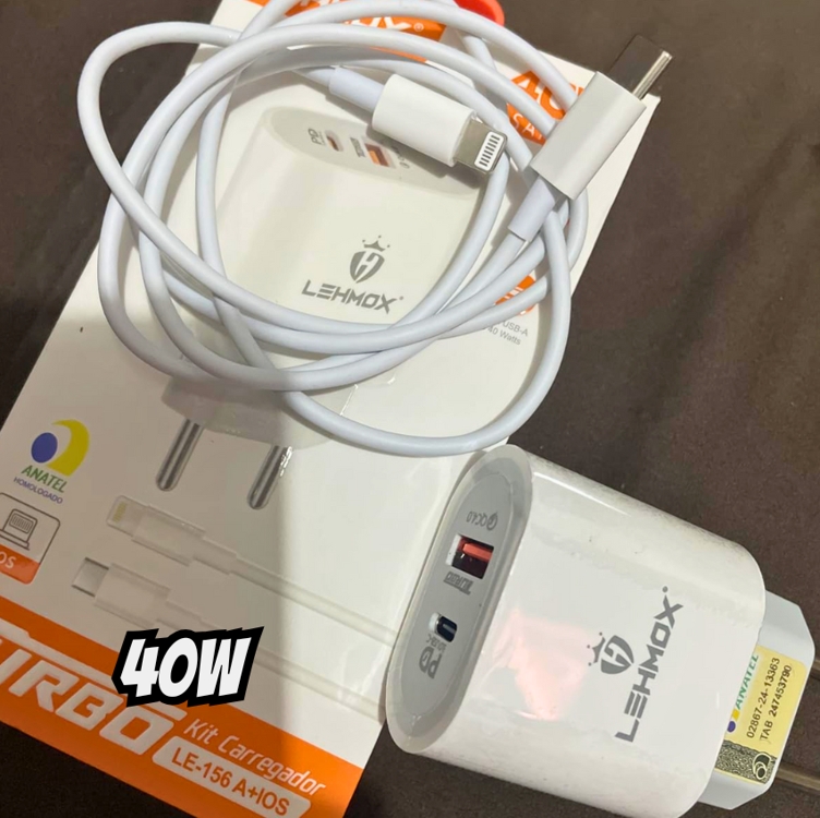 Carregador Turbo 40W Compatível iPhone X Xr 8 11 12 13 14 Plus Pro Max iPad Duas Entradas USB e USB-c Tipo C Com Cabo Tipo C Lightning Carga Rápida Tecnologia POWER DUO Carregador Turbo 40W Compatível iPhone X Xr 8 11 12 13 14 Plus Pro Max iPad Duas Entradas USB e USB-c Tipo C Com Cabo Tipo C Lightning Carga Rápida Tecnologia POWER DUO