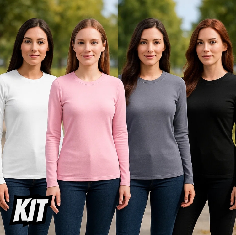 Kit 4 Camisetas Feminina Manga Longa Segunda Pele Térmica Proteção Solar UV 50 - Preto+Branco Kit 4 Camisetas Feminina Manga Longa Segunda Pele Térmica Proteção Solar UV 50 - Preto+Branco