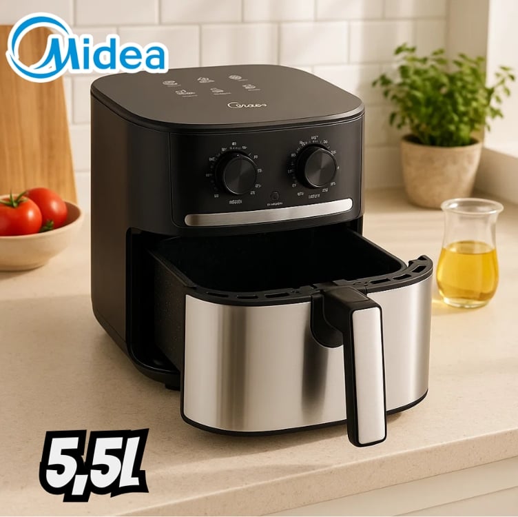 Fritadeira Air Fryer 5,5L Cyclone Preto e Inox Midea Fritadeira Air Fryer 5,5L Cyclone Preto e Inox Midea