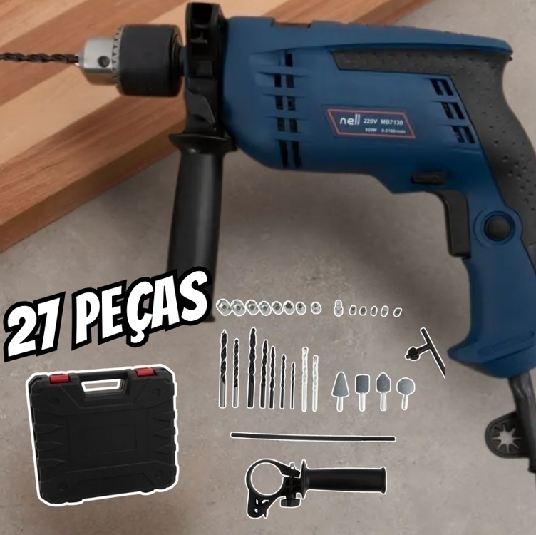 Furadeira De Impacto Nell 650w Velocidade Variável E Reversível 1/2” Com Maleta 27 Peças Mb7130 Furadeira De Impacto Nell 650w Velocidade Variável E Reversível 1/2” Com Maleta 27 Peças Mb7130