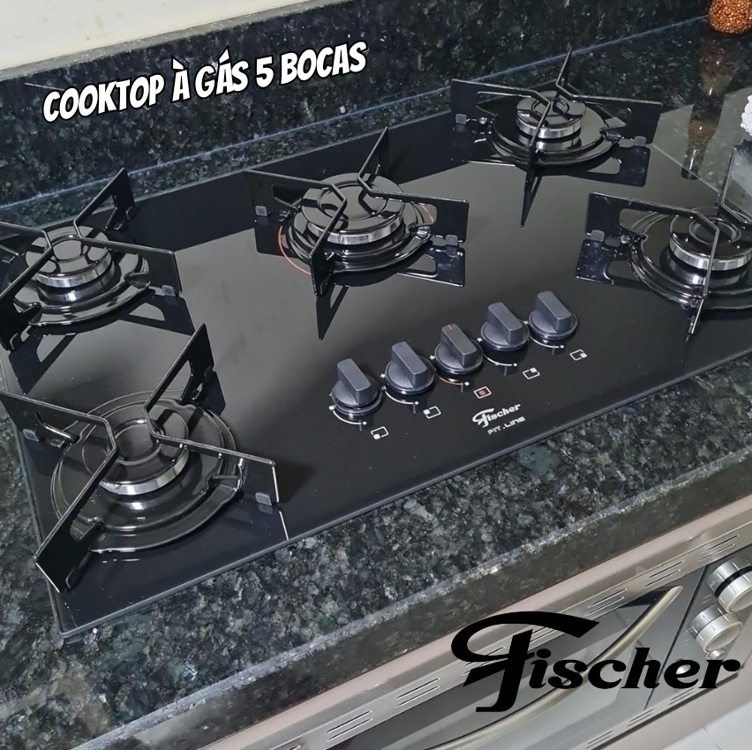 Fischer Cooktop á gás 5 bocas Fit line mesa vidro preto bivolt - 26343-57174 Fischer Cooktop á gás 5 bocas Fit line mesa vidro preto bivolt - 26343-57174