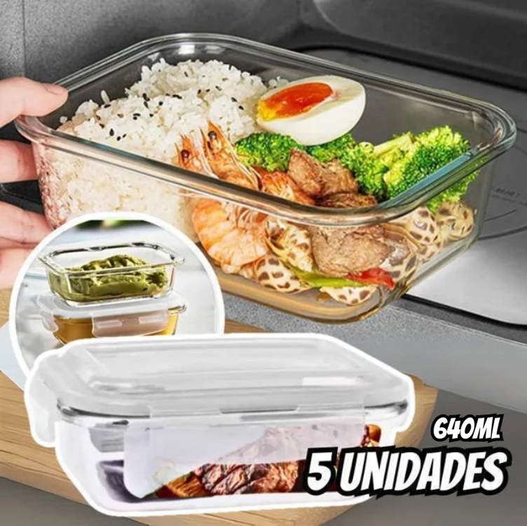 Conjunto 5 Pote Vidro Hermético Marmita Tampa Plástico 640ml Conjunto 5 Pote Vidro Hermético Marmita Tampa Plástico 640ml