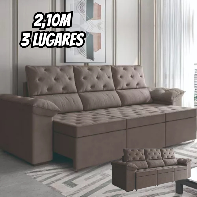 Sofá Retrátil 3 Lugares 2,10m York Suede Cinza Sofá Retrátil 3 Lugares 2,10m York Suede Cinza