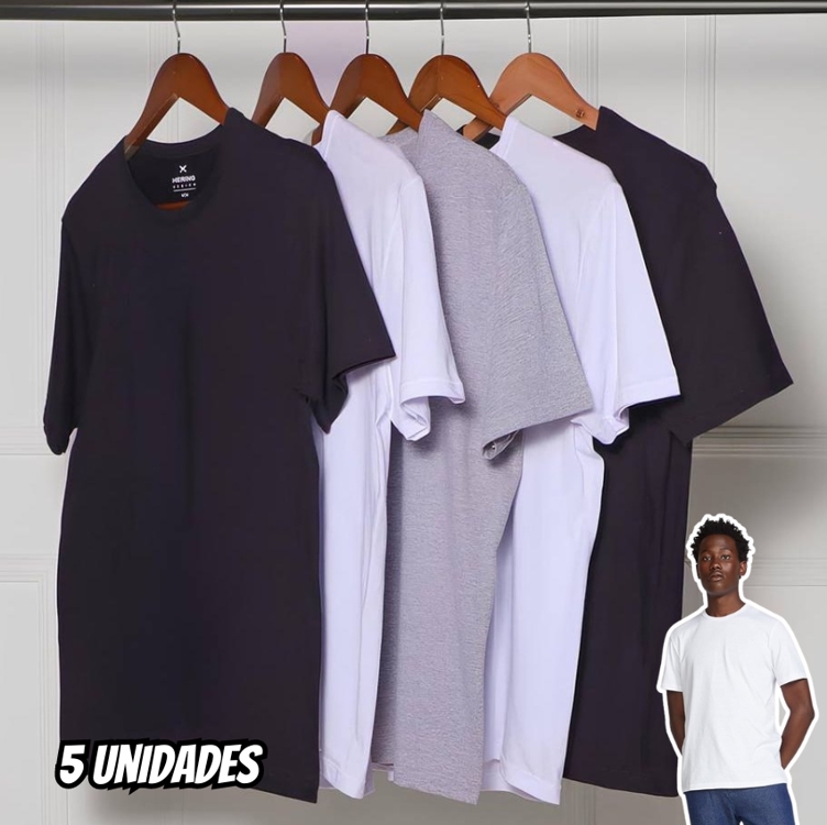 Kit Camiseta Hering Slim Masculina 5 Peças - Branco+preto Kit Camiseta Hering Slim Masculina 5 Peças - Branco+preto