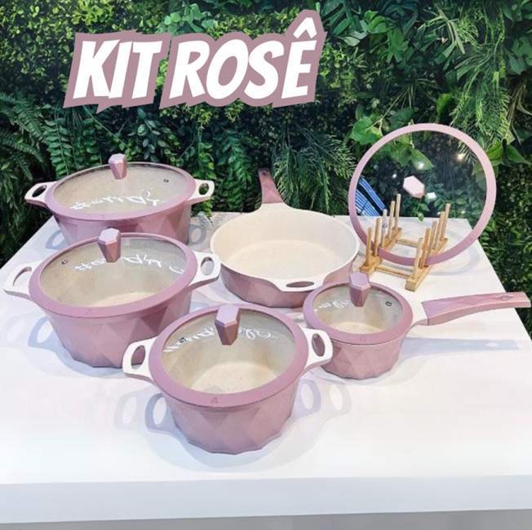 Kit 5 Panelas Rose Cerâmica Marmorizada Diamante De Indução Kit 5 Panelas Rose Cerâmica Marmorizada Diamante De Indução